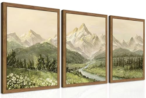 Framed Mountain Wall Art for Living Room, Green Nature Landscape Canvas Wall Decor Set of 3, Vintage Forest Rustic Farmhouse Prints Pictures Paintings for Office Bedroom 16x24 Inch - color: Green Mountains, size: 24L" x 16W"