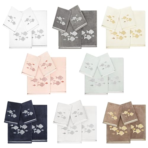 Treasure 4-Piece Premium Towel Set, Sparkling Applique Fish, Ultra Plush Turkish Cotton, Durable, Perfect for Bathroom, 2 Bath 2 Hand Towels, White - color: White, size: 2 Pcs Bath 2 Pcs Hand Towel