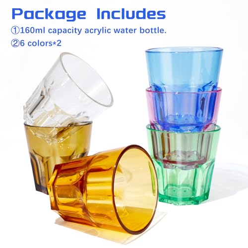 Plastic Drinking Glasses Set of 12, Unbreakable Coloured Water Tumbler, Acrylic Plastic Cups, Reusable Kids Drinking Cups for Children Kitchen Picnic Party Juice Whiskey Wine (12pc-6color-160ml/5.4oz) - color: 12pc-6color-160ml/5.4oz