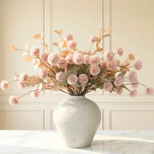 Artificial Flowers for Vase - 12 Stems Beige Faux Silk Mums with Eucalyptus | Faux Flowers Home Decor, Neutral Tan Cream Floral Arrangement, Fake Chrysanthemum Pom Pom Stems, Summer Fall Centerpiece - color: Beige