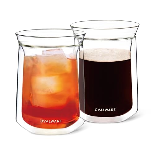 ovalware Double Wall Single Lip Insulated Glass Cup, Set of 2 (12oz / 350ml) - Borosilicate Glass For Coffee, Tea, Whiskey, Cocktails & All Beverages - Minimalistic & Durable Double-Wall Drinking Mug - size: 11.8 Ounces