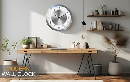 Non Ticking Silent Wall Clock Decorative,Analog Metal Wall Clock Battery Operated,Bedroom/Living Room/Office/Kitchen Clock,Sliver,12 inch
