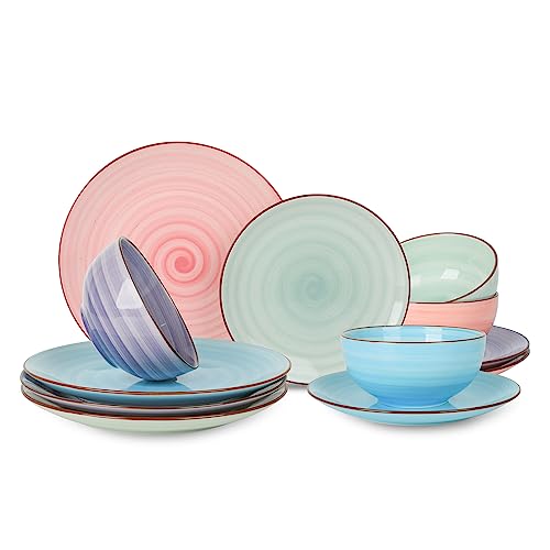 Selamica Ceramic 12-Pieces Dinnerware Sets, Scratch Resistant Plates and Bowls Sets, Handpainted Swirl Dishes Set for 4 with Spray Black Dots, Dishwasher&Microwave Safe, Gradient Color - color: Gradient Color, size: 12 Pieces