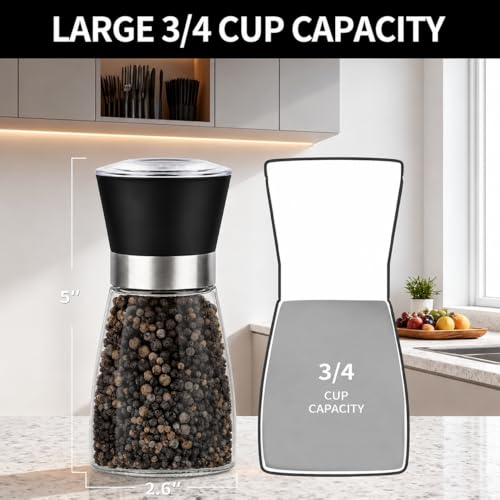 Premium Salt and Pepper Grinder Set of 2, 6 oz Refillable Glass Salt and Pepper Shakers with Adjustable Ceramic Grinder, Manual Pepper Mill Set Includes Funnel & Cleaning Brush, Transparent Lid - color: Black, size: 2.6"W x 5"H