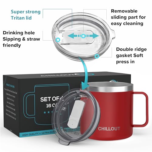 CHILLOUT LIFE Stainless Steel 16 oz Vacuum Insulated Coffee Mug with Handle and Lid, Large Thermal Camping Coffee Mugs with Sliding Lid for Men & Women, Keeps your Beverages Hot/Cold, 2 Pack - color: Cherry Red, size: 16 Ounces - 2 Pack