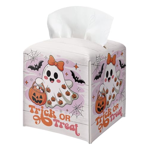 Halloween Trick Or Treat Tissue Box Holder, Cute Ghost Pumpkin Leather Tissue Box Cover Square, Facial Paper Organizer Dispenser Toilet Paper Holder for Bathroom Kitchen Office Home Decor-A02 - color: Pink02