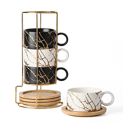 LUKA Porcelain Espresso Cup with Metal Stand, 6 Ounce Stackable Ceramic Demitasse Espresso Mugs Cappuccino Cups Set for Latte,Coffee,Cafe Mocha,Tea(Set of 4) - color: Black & White Marbling
