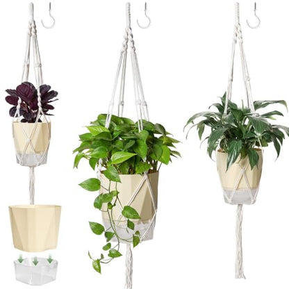 MIPON 3 Size Self Watering Hanging Planters with Macrame Plant Hanger | 2-in-1 Desktop & Hanging Baskets, With Drainage, Indoor Outdoor Plants, Boho Home Decor
