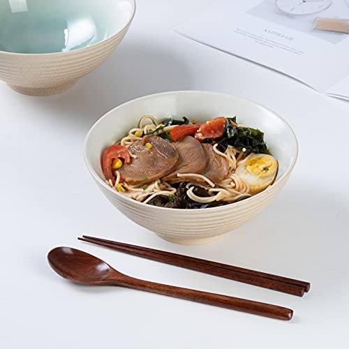 Ceramic Japanese Ramen Bowl Set, 2 Sets Asian Pho Udon Soup Noodle Bowls with Spoons and Chopsticks (Green, 8 inches) - color: Green