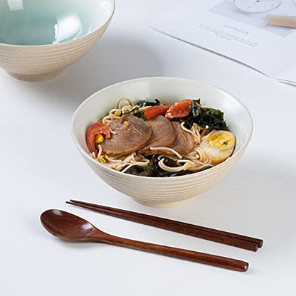 Ceramic Japanese Ramen Bowl Set, 2 Sets Asian Pho Udon Soup Noodle Bowls with Spoons and Chopsticks (Green, 8 inches) - color: Green