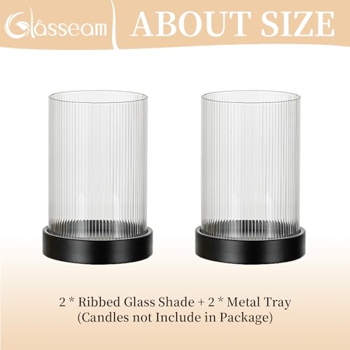 Glasseam Hurricane Candle Holder 2Pcs Black Candle Tray with Glass Cylinder | 3.94''x5.71'' Ribbed Open-End Sleeve, Fit 4'' Pillar Candles, Metal Candle Plates, Modern Table Centerpiece, Fireplace Decor - color: Black