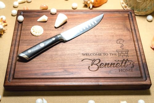 Personalized Hardwood Cutting Board - Housewarming, New Home, Real Estate Closing Gift - Best Gift Idea for Couples, New Homeowners, Family, Friends - USA Made - House with Chimney Design 106
