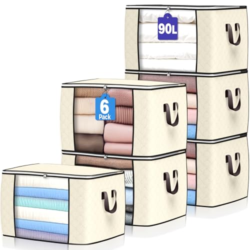 90L Large Storage Bags, 6 Pack Clothes Storage Bins Closet Organizers | Foldable Storage Containers, with Reinforced Handle, for Clothing, Blanket, Comforters, Bed Sheets, Pillows and Toys - color: Beige, size: 6 Pack