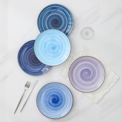 Selamica Ceramic Plates and Bowls Set, 24 Pieces Dinnerware Sets for 6, Scratch Resistant Dishes Set, Handpainted Swirl with Spot Dishwasher & Microwave Safe, Gradient Blue - color: Gradient Blue, size: 24 Pieces
