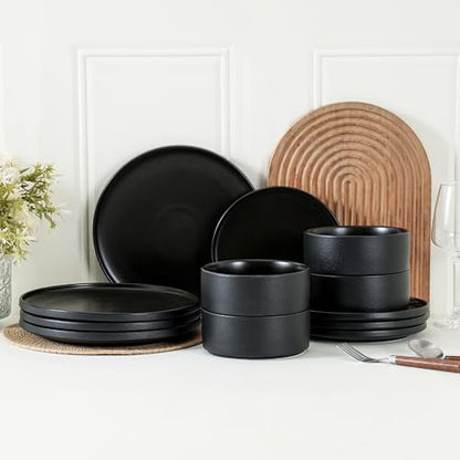 Salads & Desserts Plates, Set of 4, 8-Inch, Matte Black | Matte Glaze Stoneware Plate, Microwave Safe, Dishwasher Safe - color: Black, size: Salad Plates Set (4PCS)