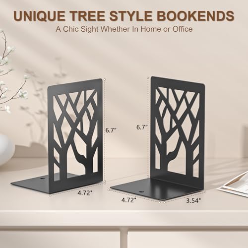 VFINE 4-Piece Modern Metal Bookends for Shelves, Black Tree Book Ends for Books, Decorative Book Organizer for Desk, Non-Skid Shelve Bookends for Home Office - style: Black bookend 2 pairs