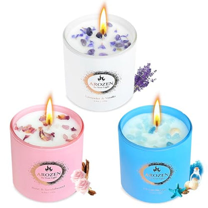 3 Pack Scented Candles Gift Set for Women – Lavender, Ocean, Rose Soy Candles with Crystals & Seashells, 70-Hour Total Burn Time, Aromatherapy Candle Set for Home Decor, Mother’s Day Birthday - size: 3 Pack