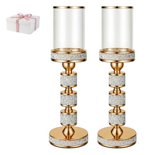 Hurricane Candle Holder, 15.9" Tall Metal Candle Stand, Glass Pillar Holder | Crystal Candle Holders for Table Centerpieces, Home Decor, Wedding, Dining Table - color: Gold, size: Large