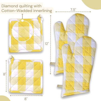 Buffalo Plaid Check Oven Mitts and Pot Holders Set, 100% Cotton, Heat Resistant, 2 Oven Gloves 7x13 Inches and 2 Hot Pads 8x8 Inches for Cooking and Baking, Lemon Yellow White - color: Lemon Yellow, Buffalo Plaid