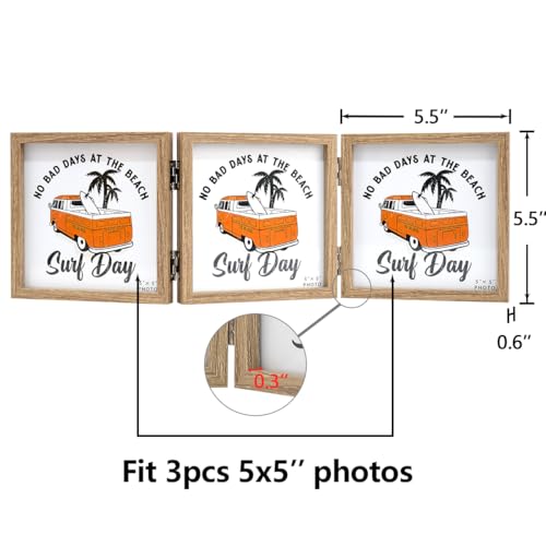 WUTL 3 Picture Frame Triple Collage 5x5 Frames with Real Glass Wood Grain | Trifold Photo Frame, Hinged Foldable, Crystal Clear Real Glass - color: Wood Grain, size: 5x5