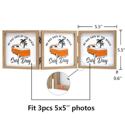 WUTL 3 Picture Frame Triple Collage 5x5 Frames with Real Glass Wood Grain | Trifold Photo Frame, Hinged Foldable, Crystal Clear Real Glass - color: Wood Grain, size: 5x5