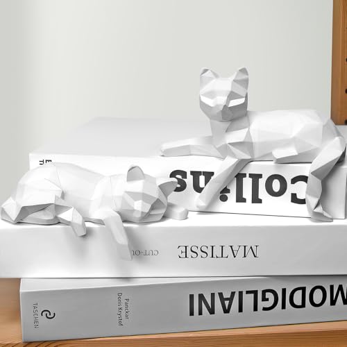 Bookshelf Decor Cat Statue, Modern Geometric Cat Figurines Set of 2 | Animal Sculptures for Living Room Office Shelves Coffee Table Desk Decor – Minimalist Home Gift (White) - color: White