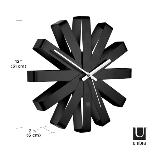Umbra Ribbon Modern 12" Wall Clock, Silent Non Ticking Battery Operated Quartz Movement, Black