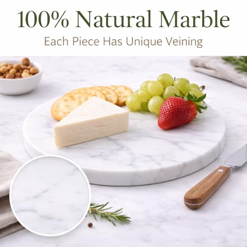 8-Inch Round Marble Cheese Board with Non-Slip Feet | Natural Marble Construction, Unique Veining, 8-Inch Size, 0.5 Inch Thick, Non-Slip Feet, Scratch Protection - color: White, size: 8"L x 8"W