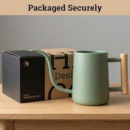 Metal Small Indoor Watering Can with Long Spout & Real Wood Handle, 35oz | Long Spout, Stainless Steel, Real Wood Handle, Gentle Flow, No Spills, Suitable for House Plants, Succulents & Seedlings - color: Sage Green