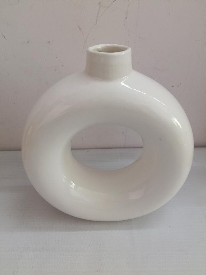 White Ceramic Donut Vase, 6 Inch Modern Flower Vase for Pampas Grass, Dried Flowers, Home & Office Decor, Centerpiece, Handcrafted Gift Vase Only