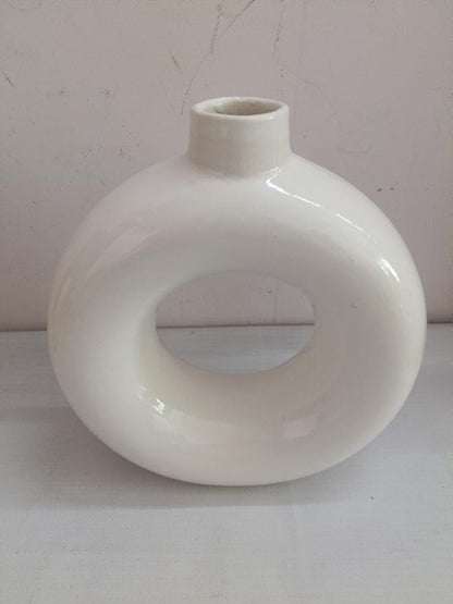 White Ceramic Donut Vase, 6 Inch Modern Flower Vase for Pampas Grass, Dried Flowers, Home & Office Decor, Centerpiece, Handcrafted Gift Vase Only