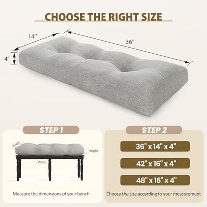 downluxe Indoor Bench Cushion for Indoor Furniture, Non-Slip Tufted Overstuffed Textured Foam Bench Seat Cushion, 36" X 14" X 4", Light Grey, 1 Pack