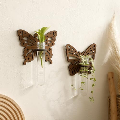 Artilady Plant Propagation Station Wall Hanging, Butterfly Plant Terrariums | Boho Wood Air Plant Holder for Indoor Plants, Window Propagation Stations Tubes for Living Room Bedroom Wall Decor, 2 Pack - color: Butterfly Wood