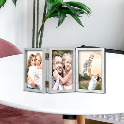 WUTL 3 Picture Frame Triple Collage 4x6 Frames with Real Glass Silver | Trifold Photo Frame, Hinged Foldable, Crystal Clear Real Glass - color: Silver, size: 4x6