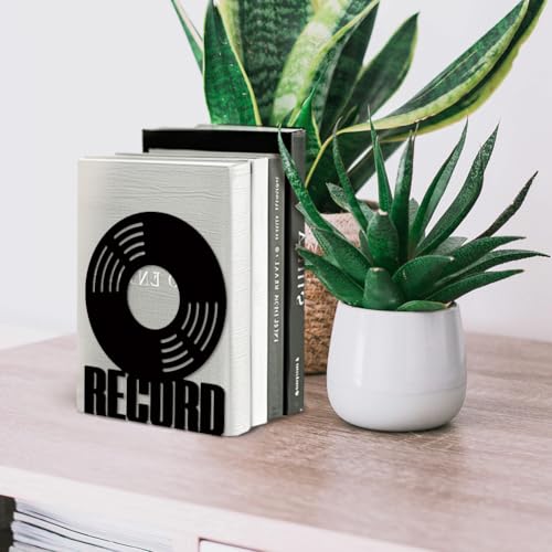 5.3"x4.3"x6.7" Metal Bookends, Heavy Duty Book Ends for Shelves | Vinyl Records Theme Cast Iron Book Supports, 1 Pair Decor Stoppers for Desk, Library, Office & Home Shelves - style: Vinyl Records
