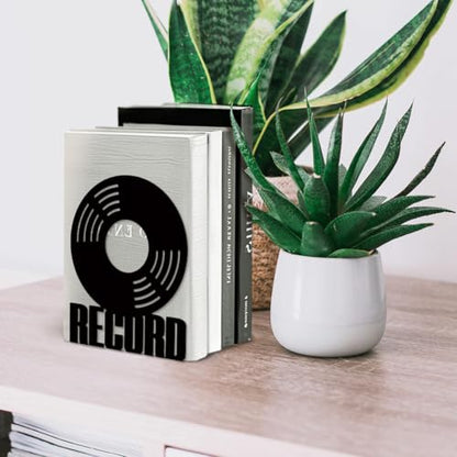 5.3"x4.3"x6.7" Metal Bookends, Heavy Duty Book Ends for Shelves | Vinyl Records Theme Cast Iron Book Supports, 1 Pair Decor Stoppers for Desk, Library, Office & Home Shelves - style: Vinyl Records