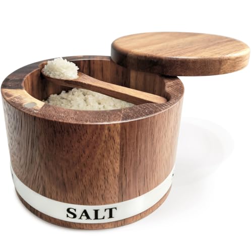 ThougrLyh Salt Cellar, Acacia Wood Salt Containers with Lid for Countertop | Built-in Spoon, Magnetic Swivel Lid, Luminous Engraved SALT Label Holder, 6oz Kitchen Salt Box for Sea Salt, Pepper & Spices - color: salt cellar