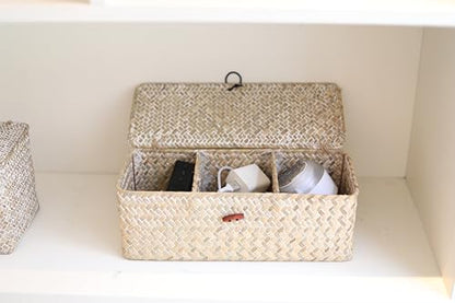 3 Section Seagrass Storage Basket, Handmade Shelf Baskets with Lid for Bathroom/Closet/Livingroom - color: Whitewash 3 Section with Lid