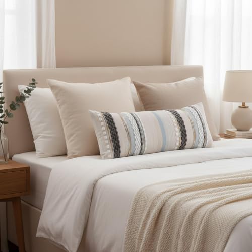 Boho Lumbar Throw Pillow Cover 14x36 Grey Blue White | 1 Piece,Durable Fabric,Stripe Pillowcase,Farmhouse Cushion Case,Chenille Pillow Case,Neutral Pillowcase for Sofa Couch Bed - color: Grey Blue White Stripe, size: 36" x 14" (Pack of 1)