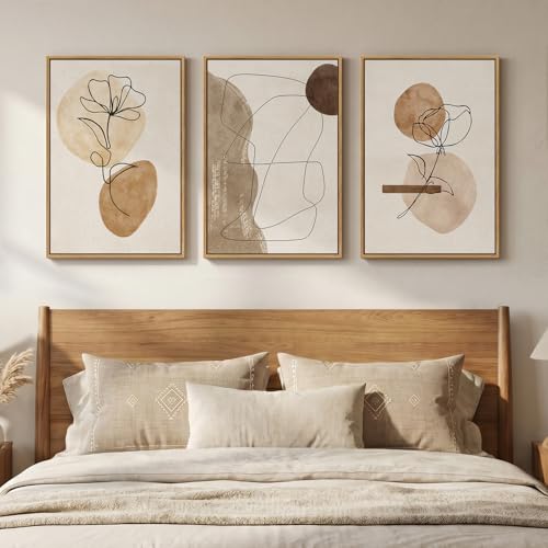 Framed Neutral Abstract Boho Wall Art Bedroom, 3 Piece Brown Black Botanical Minimalist Floral Lines Canvas Artwork for Walls, Modern Bohemian Pictures for Dining Room Living Room Wall Decor, 16x24 In - color: Neutral Brown Black, size: 16" W x 24" H x 3P