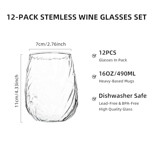 UMEIED Stemless Wine Glasses Set of 12, 17 oz Red White Wine Glasses | Clear Glassware Set for Red/White Wine Dishwasher Safe, Ideal for Daily Use Home Bar Birthdays Housewarming (Wave Texture) - color: Wave Texture