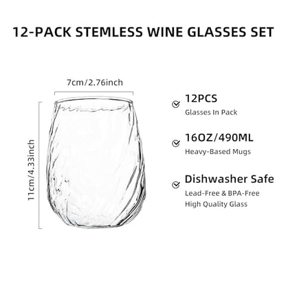 UMEIED Stemless Wine Glasses Set of 12, 17 oz Red White Wine Glasses | Clear Glassware Set for Red/White Wine Dishwasher Safe, Ideal for Daily Use Home Bar Birthdays Housewarming (Wave Texture) - color: Wave Texture