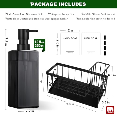 GMISUN Dish Soap Dispenser for Kitchen, 12 fl oz Dual Kitchen Soap Dispensers with Sponge Holder, Clear Black Glass Kitchen Soap Dispenser Set, Modern Hand and Dish Soap Bottle Set - color: Clear Black Bottle + Black Rack