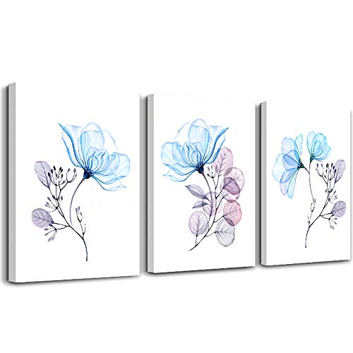3 Piece Modern Blue Flowers Canvas Wall Art for Bedroom Living Room decor,Bathroom Wall Decor,3 Panels framed Wall Watercolor Painting Kitchen Home Decoration Canvas Print Artwork Wall Mural - color: Blue Transparent Flower, size: 12x16inches*3pcs