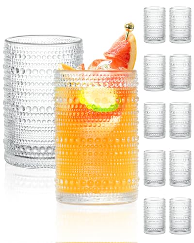 Large Capacity Glasses Drinking Set of 12, 15 oz Vintage Glassware Hobnail Glass Cups sets for Kitchen, Embossed Cocktail Glasses Set with Straws, for Beer, Juice, Cocktail, Whiskey, Milk - color: Clear-15oz