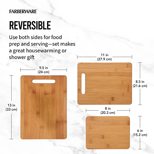 Farberware 3-Piece Wood Cutting Board Set, Reversible Chopping Boards for Meal Prep and Serving, Charcuterie Boards, Wooden Cutting Boards with Built-in Handles, Set of 3 Assorted Sizes, Bamboo - size: 11"L x 0.8"W, style: 3-Piece
