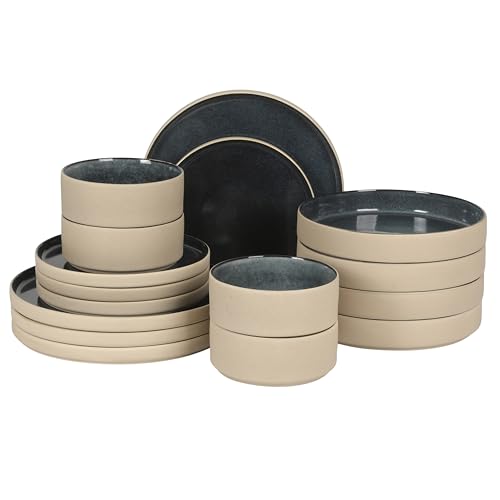 Gibson Elite Liberty Bay 16-Piece Pottery Clay Stoneware Dinnerware Set – Blue Reactive Glaze, Stackable Plates and Bowls W/Pasta Bowl, Service for 4 – Microwave & Dishwasher Safe - color: Blue (Liberty Bay), size: Service for 4 (16pcs)