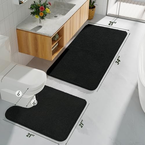 Black Bathroom Rug Set 2 Piece Bath Mat 21x34'' &U Shape Toilet Rug 21x21'' | Absorbent,Washable,Non Slip Bathroom Rugs Sets,Contour Mat for Toilet - color: Black