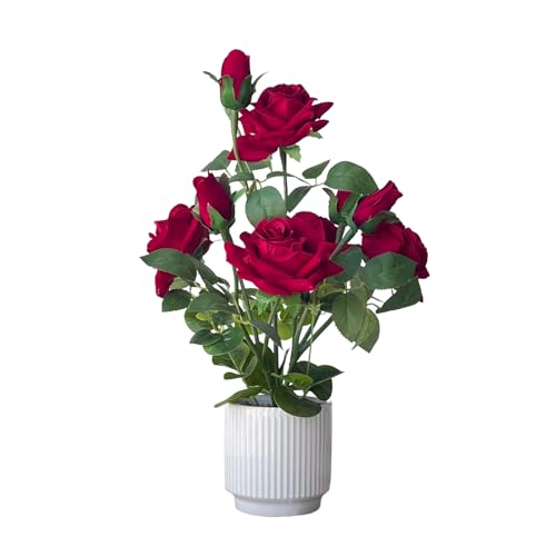 Artificial Rose Plant with Ceramic Vase,Home Decor Potted Floral Arrangement,Silk Roses Artificial Flowers (Red) - color: Red