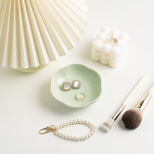 BEUNAIZER Ceramic Ring Dish, 4.3 in Flower Jewelry Tray with Raised Sides | Deep flower shape helps hold more small items and reduces the chance of jewelry sliding out. - color: green
